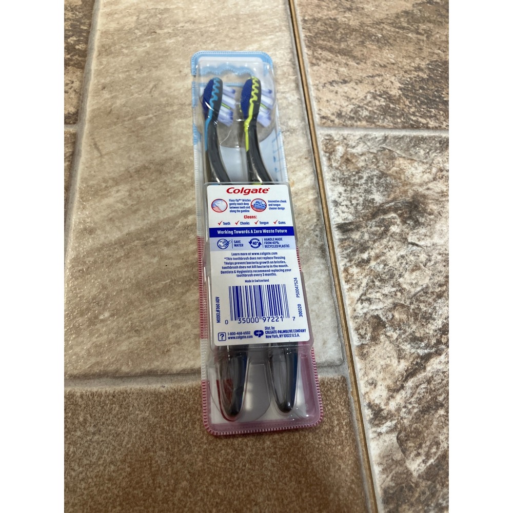 Colgate 360 Advanced Floss-Tip Soft Toothbrushes 2 Pack Black Blue Yellow
